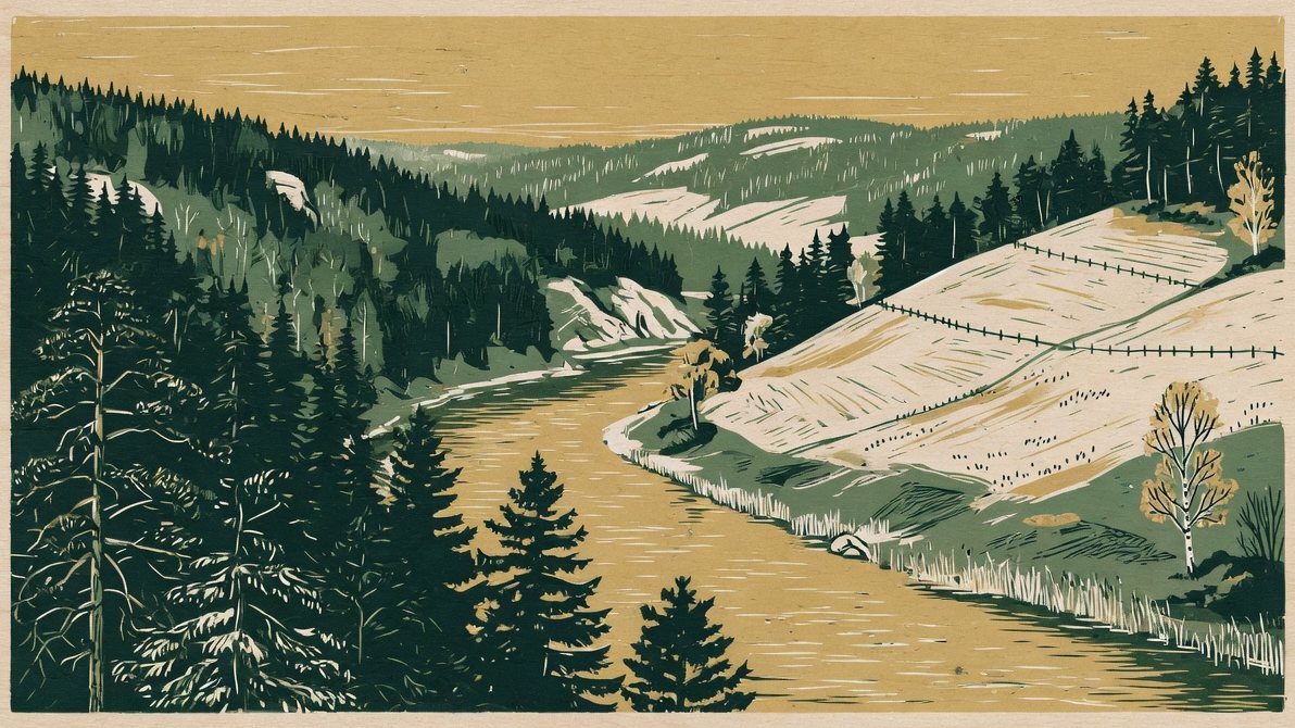 Linosnitt av en elvedal med furuskog og jorder, i Numedal-aktig landskap.